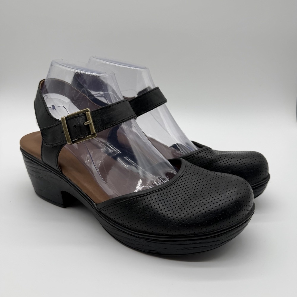 b.o.c. Women's Stone II Perforated Leather Wedge Mary Jane Clogs Mules Black 9